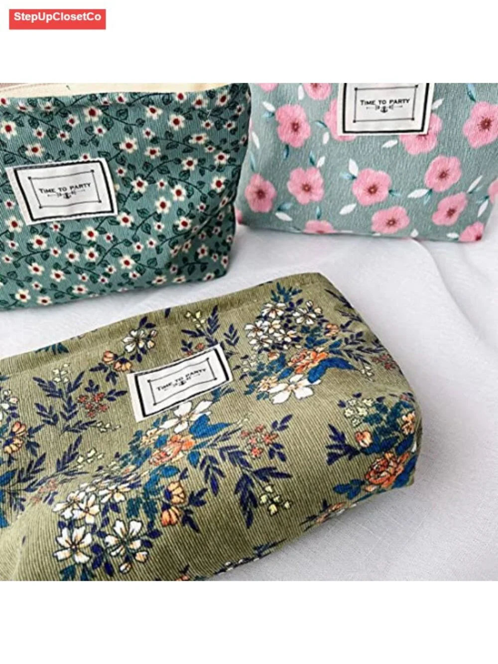 Floral Corduroy Canvas Cosmetic Bag, Large Travel Toiletry Organizer Pouch